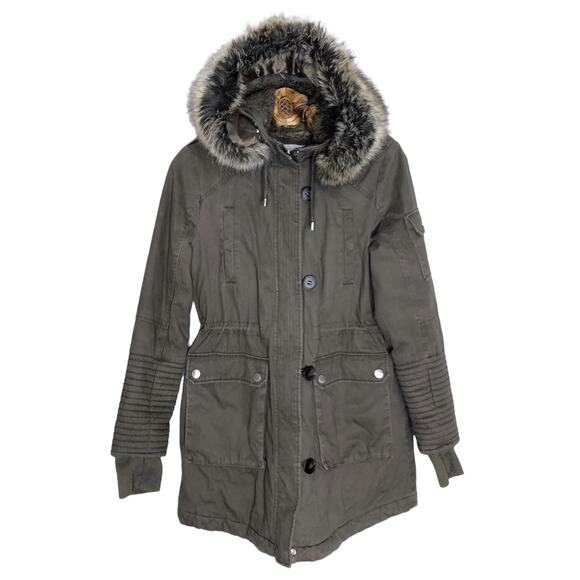 BCBGeneration Jacket Utility Parka Mocha Waist Cinch Faux Fur Hood Medium - Picture 1 of 12